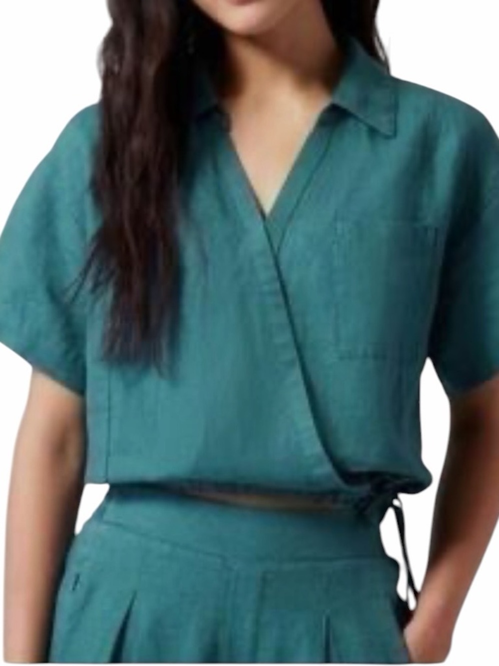 Athleta Playa Tie Linen Wrap Top Small 100% Linen Teal Short Sleeve Blouse